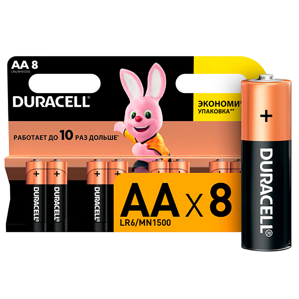 Батарейки DURACELL Basic, AA (LR06, 15А) алкалиновые, пальчиковые 8 шт