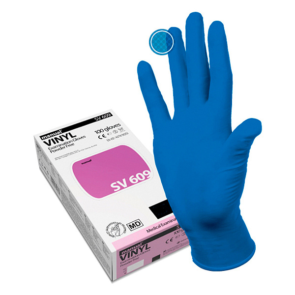 Перчатки Manual смотровые, нестерильные, виниловые, голубые, размер S (50 пар)