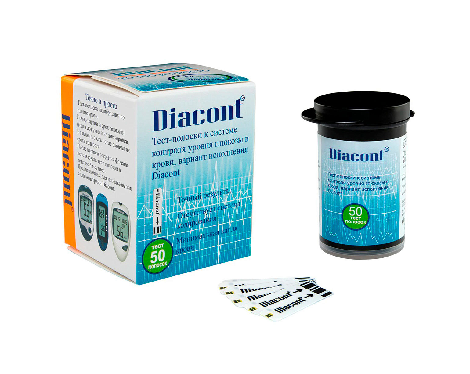 Тест-полоски к системе контроля уровня глюкозы в крови Diacont (упаковка 50шт
