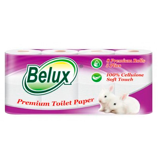 Туалетная бумага Belux, 3-сл, 8 рул., белая,18м.,150л.