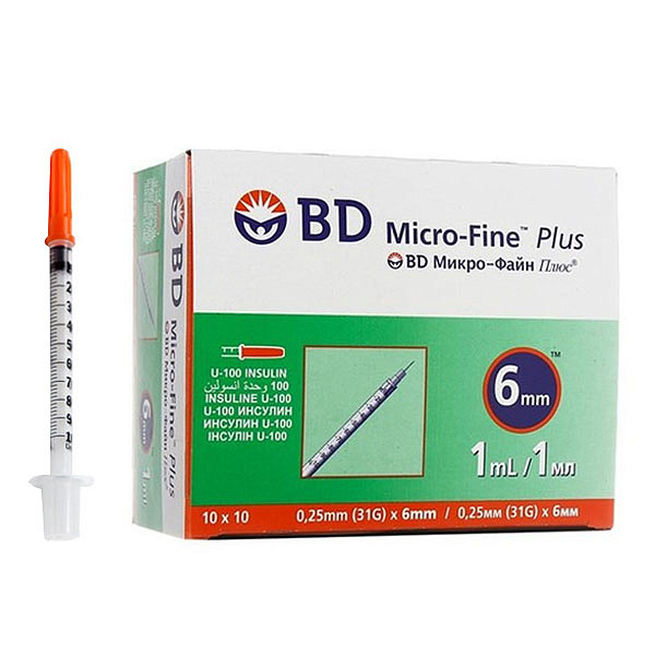 Шприц инсулиновый BD MICRO-FINE PLUS U-100 одноразовый 1 мл 31G 0,2x6 100 шт