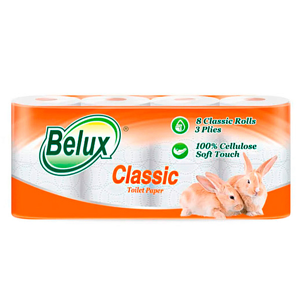 Туалетная бумага Belux Classic трехслойная белая 8 шт 15м, 130 лист.