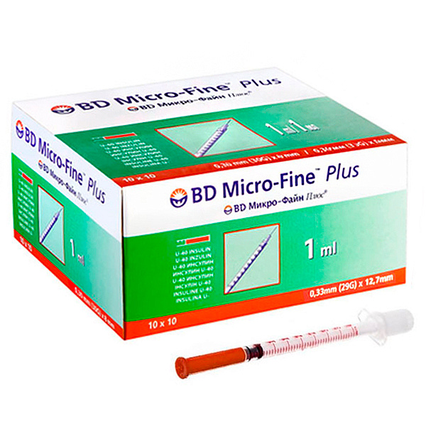 Шприц трехкомпонентный BD U-40 инсулиновый 1 мл 29G (0,33x12,7 мм) 100 шт