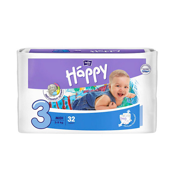 Подгузники детские Bella baby Happy Midi с эластичными боковинами вес 5-9 кг 32 шт/уп